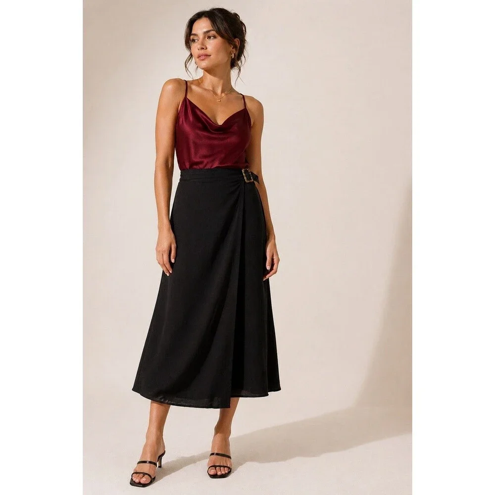 Max Studio Norstrom Women Black Wrap Skirt L Tortoiseshell Buckle Midi Rayon
